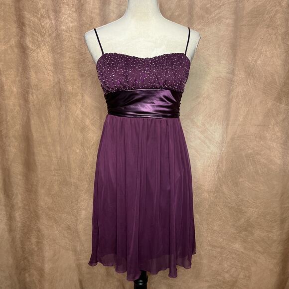 Y2K Charlotte Russe Beaded Sequin Empire Waist Party Mini Dress Purple Mesh - Picture 1 of 8